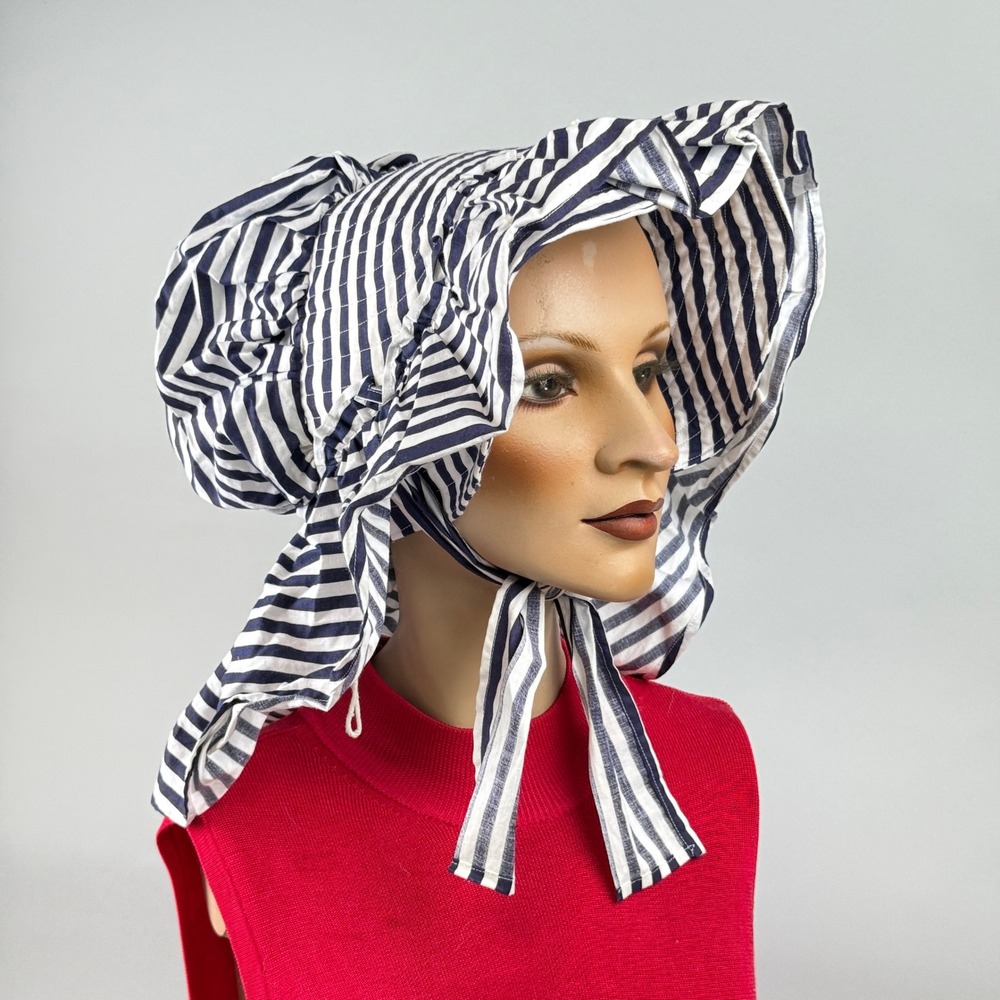 Nautical Navy White Stripe Bonnet Hat‎ Adult Size